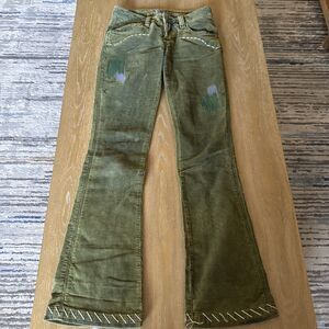 Vintage Antik Denim Green Corduroy Flare Pants Y2K Western Embroidered